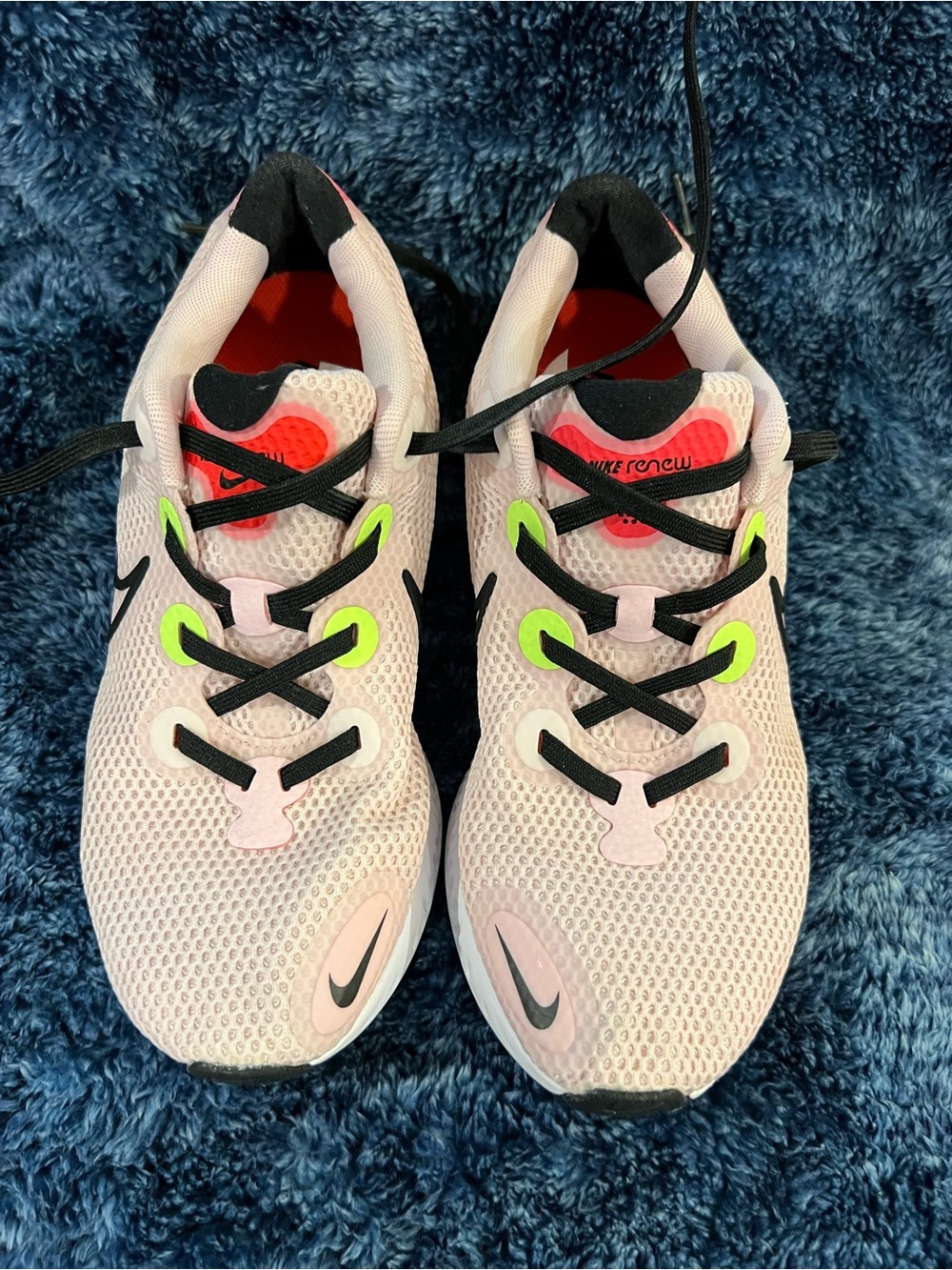 Nike Pink Mesh Running Shoes with Black Swoosh and Neon Green Eyelets